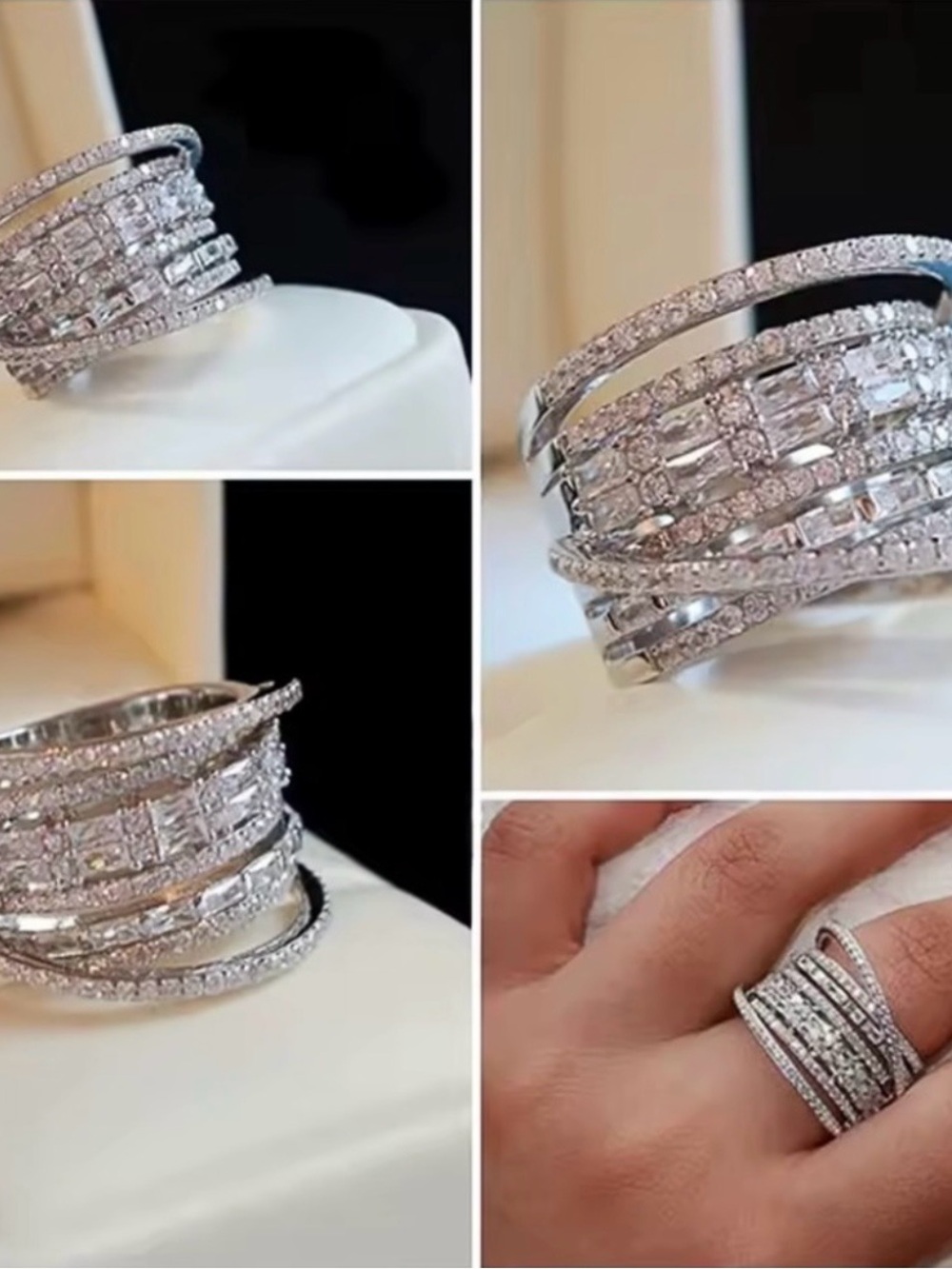 Luxury Multi-Row Crystal Cocktail Ring - Silver